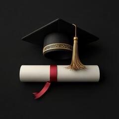 Poster - Square academic cap, black graduation hat or mortarboard with golden tassel, for graduates of college, school, university, and rolled diploma with red ribbon. 3d realistic isolated vector illustration