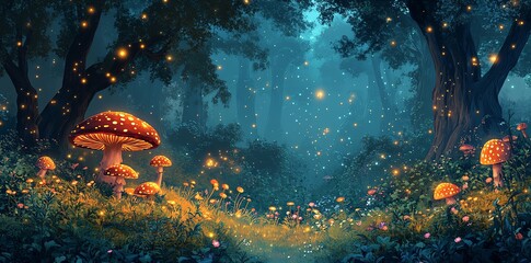 Poster - Enchanted forest scene with glowing mushrooms and flowers amidst a mystical atmosphere.