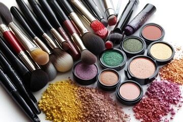 Poster - An array of makeup tools and brushes lies artistically arranged, featuring vibrant eyeshadows and powders, ideal for creativity and elegance. Generative AI