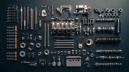 Poster - Detailed arrangement of car engine components like pistons, gears, belts, and valves, providing a clear view for automotive enthusiasts and mechanics. Generative AI
