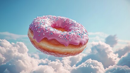 Poster - A whimsical doughnut adorned with vibrant pink icing and colorful sprinkles hovers gracefully among fluffy white clouds, creating a joyous and surreal atmosphere