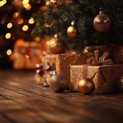 Leinwandbilder - Xmas background mockup with copyspace. Boxes of gifs under cristmas fir tree on wooden floor near fireplace. Ornaments, garland and golden ball with beautiful orange backlight.