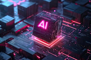 Poster - Exploring the future of technology with glowing AI circuitry and vibrant neon lights in a digital landscape. Generative AI
