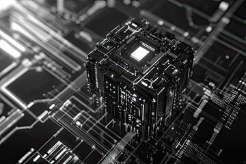 Poster - Unveiling the futuristic black cube amidst a complex circuit landscape in a digital universe at dusk. Generative AI