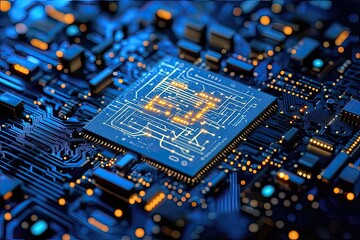 Poster - Exploring the intricate design of a computer chip illuminated with vibrant blue and orange lights during a tech innovation showcase. Generative AI