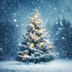 Poster -  Christmas Tree. Cristmas New Year Winter blurred background. Magic winter snow landscape. Christmas greeting card. Christmas lights. Space for text. Banner.                             