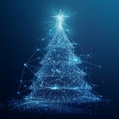 Poster - Christmas Tree wuth Star wireframe polygon bokeh light frame structure and lens flare, Technology connection concept design illustration isolated on blue gradient background with copy space