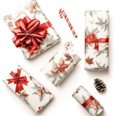 Aufkleber - Vector gift wrapping paper rolls mock up, box with bow and Christmas decoration on light background. Template for your design with transparent shadows. 