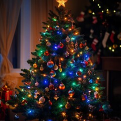Poster - Shining christmas tree; the magic christmas tree; shinny christmas tree.Happy new year and merry christmas abstract background.Vector illustration