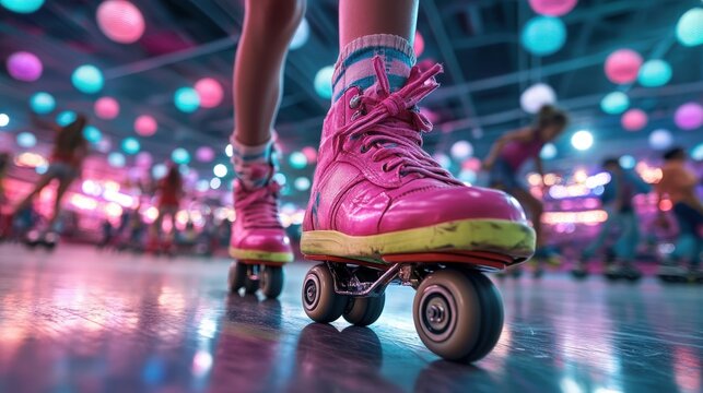 A close-up perspective of bright pink roller skates, evoking nostalgia and fun, set against a lively backdrop filled with colorful lights and dynamic energy.