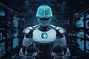Poster - Futuristic humanoid robot with glowing brain in a high-tech digital space showcasing advanced artificial intelligence. Generative AI