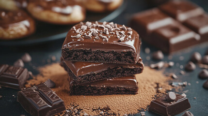 Wall Mural - Chocolate pastry cakes and cookies in bakery. sweet delicious dark cocoa cream food, tasty brown or black snack, yummy candy treat.