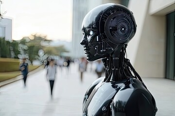 Poster - Futuristic humanoid robot stands as a symbol of innovation in a bustling urban environment at dusk. Generative AI