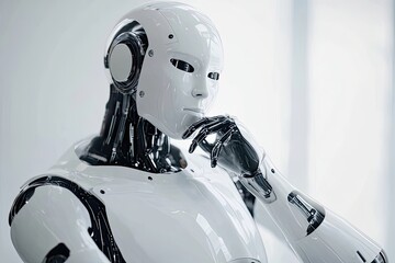 Poster - Contemplative humanoid robot deep in thought in a modern studio setting during daylight. Generative AI