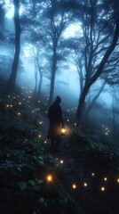 Poster - A figure walks through a foggy forest illuminated by glowing lanterns.