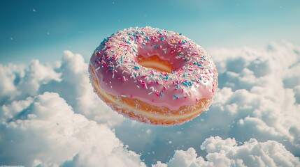 Poster - A delightful pink iced doughnut adorned with colorful sprinkles hovers gracefully among fluffy white clouds, creating a whimsical and enchanting atmosphere