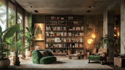 Wall Mural - Cozy green living room with plants and bookshelves in modern rustic style