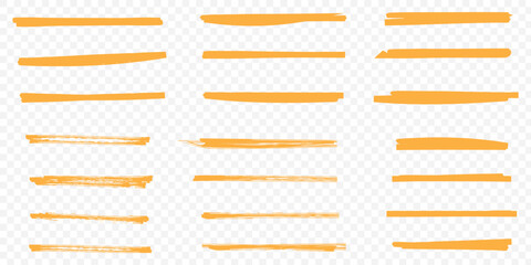 Poster - Highlighter collection, brush lines, isolated in white background. Marker yellow set, brush pen hand drawn underline. Vector highlighter graphic stylish element. Watercolor hand drawn highlight set.