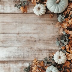 Aufkleber - Autumn banner with fallen maple leaves and pumpkins on wooden vintage table. Autumn concept with red-yellow leaves background. Thanksgiving pumpkins.