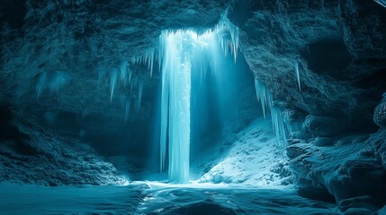 Poster - A serene ice cave with a frozen waterfall illuminated by blue light.
