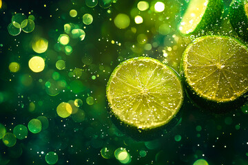 Sticker - Fresh lime and lemon lemonade, dark green with bokeh background