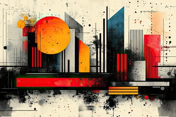 Poster - Bold geometric art blending vibrant colors and dynamic shapes in an abstract cityscape. Generative AI