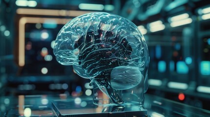 Poster - illuminating neural connections within a transparent glass brain model in a high tech laboratory, sy