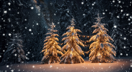 Poster - Snow covered trees illuminated by festive lights in a serene winter landscape with falling snowflakes