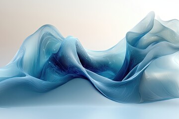 Poster - Flowing waves of translucent blue fabric create an ethereal atmosphere in a serene setting of soft textures and hues. Generative AI