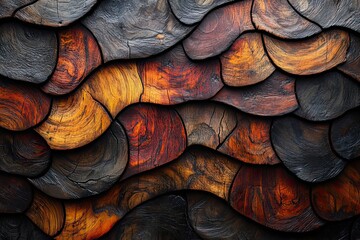 Poster - Artistic arrangement of textured wooden pieces showcasing a warm blend of earthy tones and intricate patterns. Generative AI