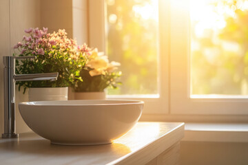 Poster - A serene bathroom scene with a bowl sink and flowers, illuminated by sunlight.