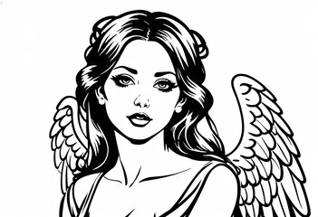 Elegant angel illustration featuring a woman with beautiful wings and flowing hair, showcasing artistic detail