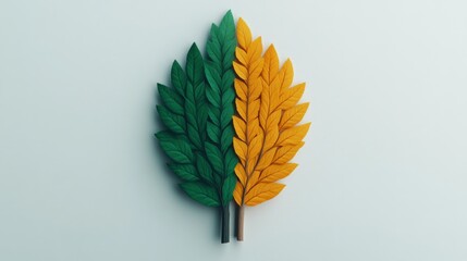 Poster - Dual Nature Leaf: Abstract 3D Render of a stylized leaf split into vibrant green and golden halves, symbolizing balance, growth, or duality. 