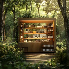 Poster - product podium in nature outdoors forest blurred green background. natural product placement, pedestal stand display, spring or summer cosmetics concept