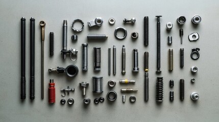 Poster - An array of assorted car parts and tools, such as bolts, nuts, spark plugs, and wrenches, neatly arranged on a smooth surface, including copy space. Generative AI