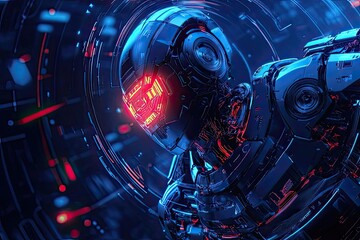 Poster - Futuristic robotic entity emerges from a digital realm illuminated by vibrant neon lights. Generative AI