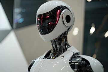 Poster - Innovative humanoid robot showcasing advanced technology at a futuristic exhibition in downtown. Generative AI