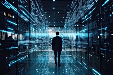 Poster - Exploring the digital realm in a futuristic corridor filled with vibrant data streams and glowing screens at dusk. Generative AI