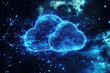 Poster - Digital clouds interconnected with vibrant blue lights represent data flow in a futuristic virtual landscape. Generative AI