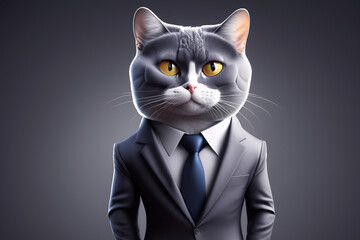Wall Mural - Cat in suit and tie. Black cat in suit with a black background. Cartoon cat in a business suit. Black cat in a suit with a black background lifestyle.