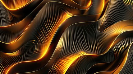 Poster - Dynamic golden waves flow across a dark background creating a mesmerizing visual experience with rich textures. Generative AI