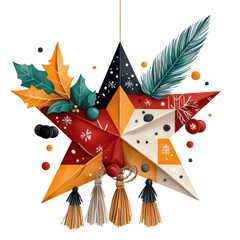 Sticker - Colorful Festive Star Ornament with Leaves and Tassels for Holidays