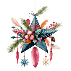 Sticker - Colorful Star Decoration with Flowers and Pine Greenery for Holidays