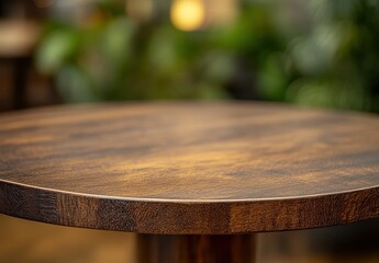 Poster - Close-Up View of a Polished Wooden Table Surface with Natural Grain Patterns and a Softly Blurred Green Foliage Background for Interior Design Themes