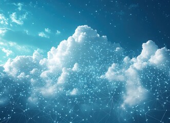 Aufkleber - Abstract Cloudscape with Digital Connections and Soft Blue Sky, Representing the Intersection of Technology and Nature in a Futuristic Atmosphere