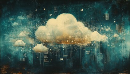 Poster - Abstract Digital Cloud Concept: Futuristic Technology Visualization with Data Connections, Clouds, and Geometric Patterns Over a Blue Background