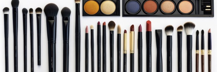 Poster - Collection of various makeup tools showcased on a neutral background, perfect for beauty enthusiasts or product advertisements. Generative AI