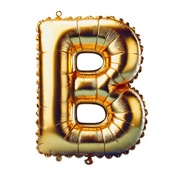 Shiny, metallic gold balloon shaped like the letter  B on isolated white background