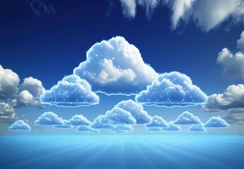 Poster - Abstract Digital Representation of Clouds with Futuristic Technology Elements Over a Serene Sky, Symbolizing Innovation and Connectivity in Nature