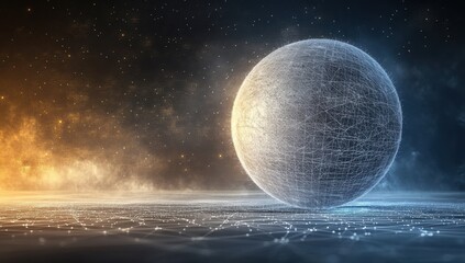 Poster - Abstract representation of a glowing sphere surrounded by luminous connections with cosmic background emphasizing technology and innovation in a digital universe